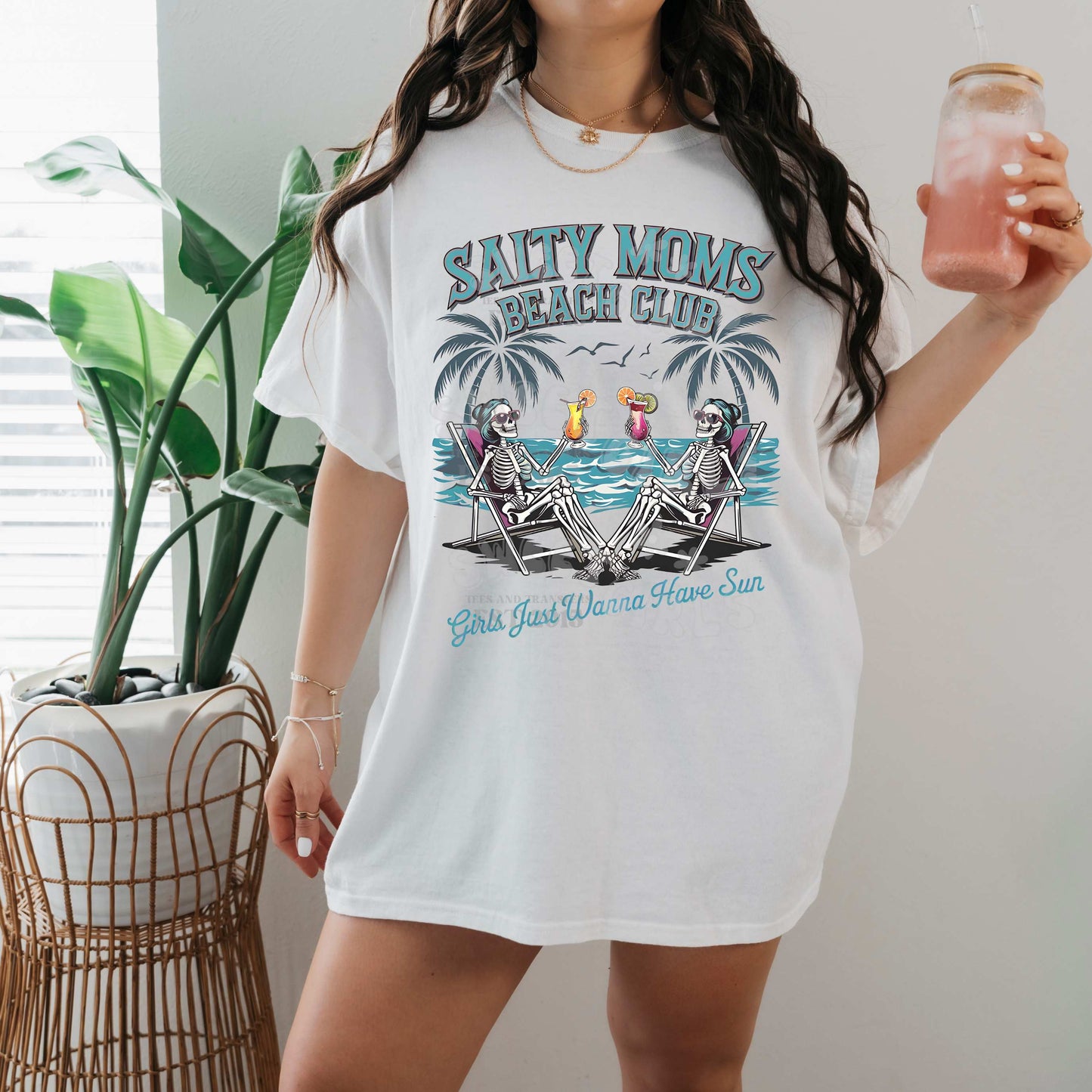 Salty Moms Beach Club DTF Heat Transfer – Skeleton Girls with Cocktails Iron-On Sticker for Summer Tees, Beach Bags & Poolside Apparel – Washable Direct to Film July 4th Transfer – Long-Lasting & Press-Ready