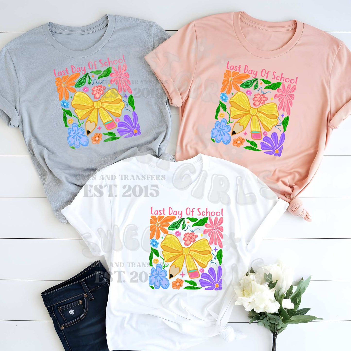 Last Day of School Floral Bow DTF Transfer – Ready to Press Iron-On Heat Transfer for Teachers & Students – Peel & Press Washable Decal for Shirts & Bags – Coquette Classroom Design – End of Year DIY Outfit – Easy to Apply – No Weeding Needed