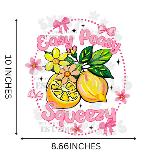 Easy Peasy Squeezy Lemon Bow DTF Transfer – Ready to Press Iron-On Heat Transfer for Shirts, Sweatshirts & Totes – Coquette Pink Yellow Floral Summer Sticker – Washable Peel & Press DIY Print for Tees – No Weeding Needed – Cute Lemonade Shirt Decal
