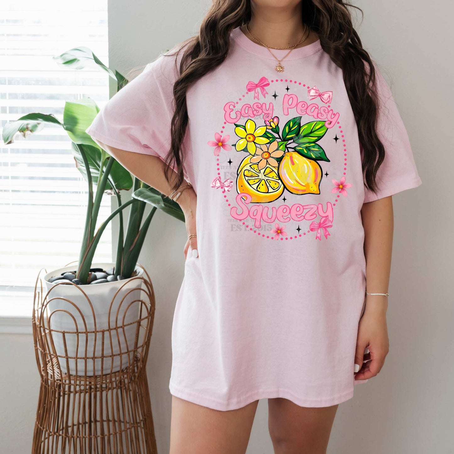 Easy Peasy Squeezy Lemon Bow DTF Transfer – Ready to Press Iron-On Heat Transfer for Shirts, Sweatshirts & Totes – Coquette Pink Yellow Floral Summer Sticker – Washable Peel & Press DIY Print for Tees – No Weeding Needed – Cute Lemonade Shirt Decal