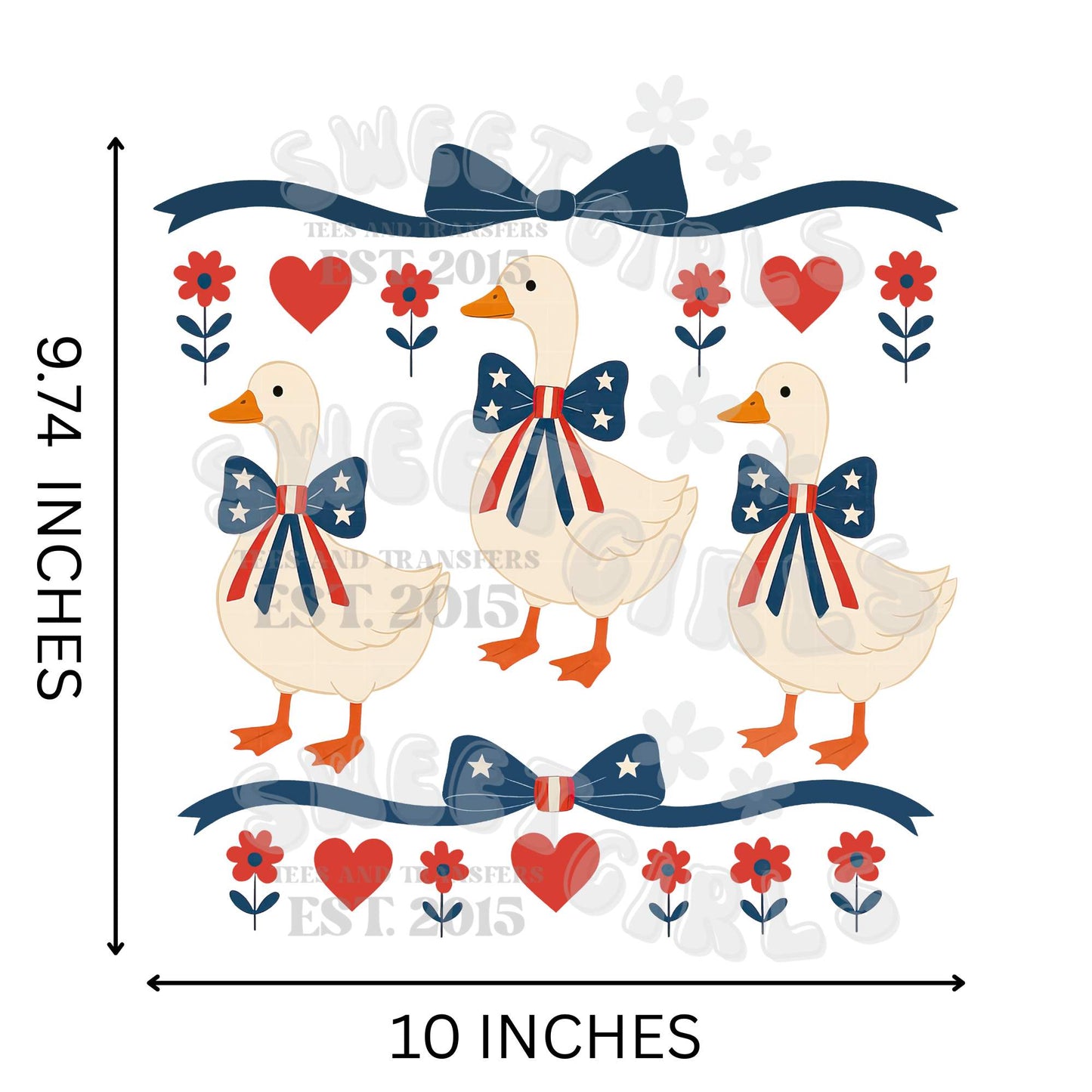 Patriotic Goose Trio DTF Transfer – 4th of July Bow Geese Heat Transfer for Shirts, DIY Apparel, Summer Decor – Red White Blue Iron-On