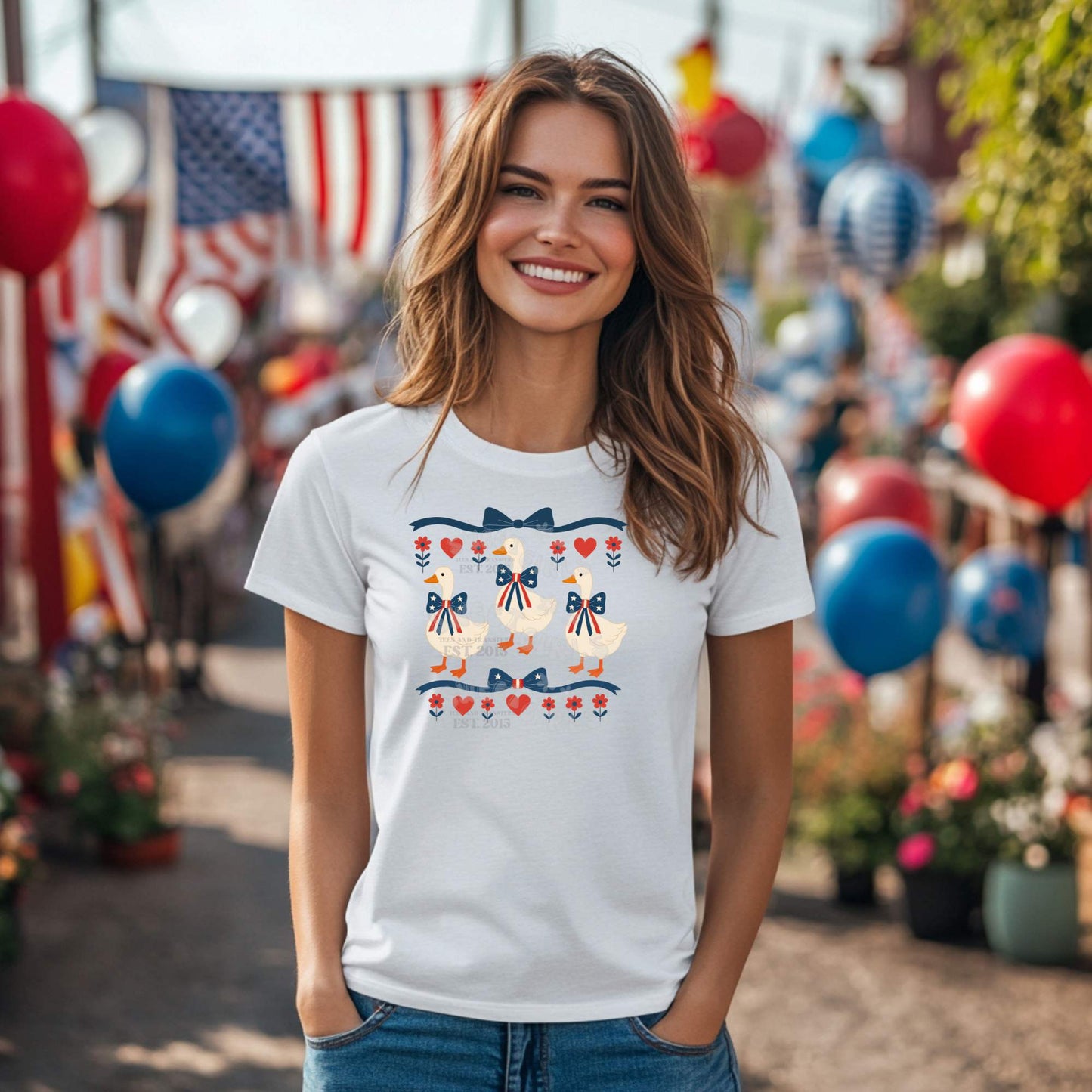 Patriotic Goose Trio DTF Transfer – 4th of July Bow Geese Heat Transfer for Shirts, DIY Apparel, Summer Decor – Red White Blue Iron-On