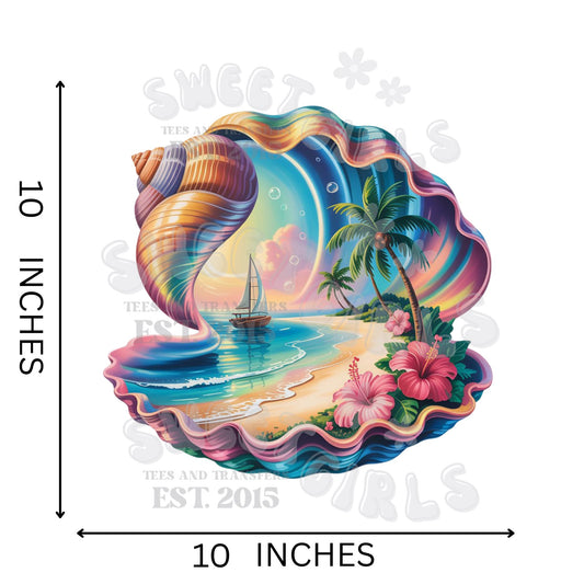 Tropical Seashell Ocean Scene DTF Heat Transfer – Beachy Nautical Iron-On with Sailboat & Hibiscus – Cold Peel & Second Press Ready