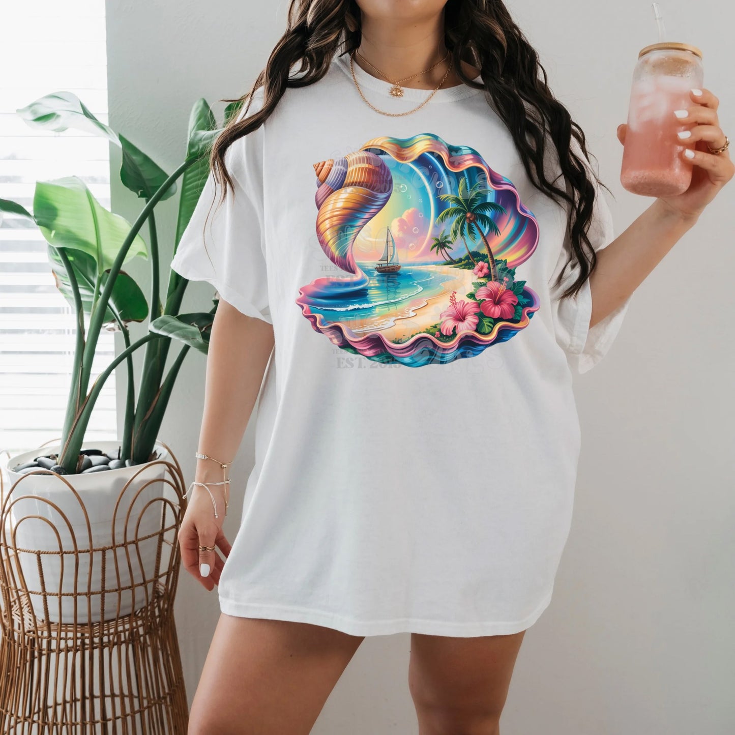 Tropical Seashell Ocean Scene DTF Heat Transfer – Beachy Nautical Iron-On with Sailboat & Hibiscus – Cold Peel & Second Press Ready