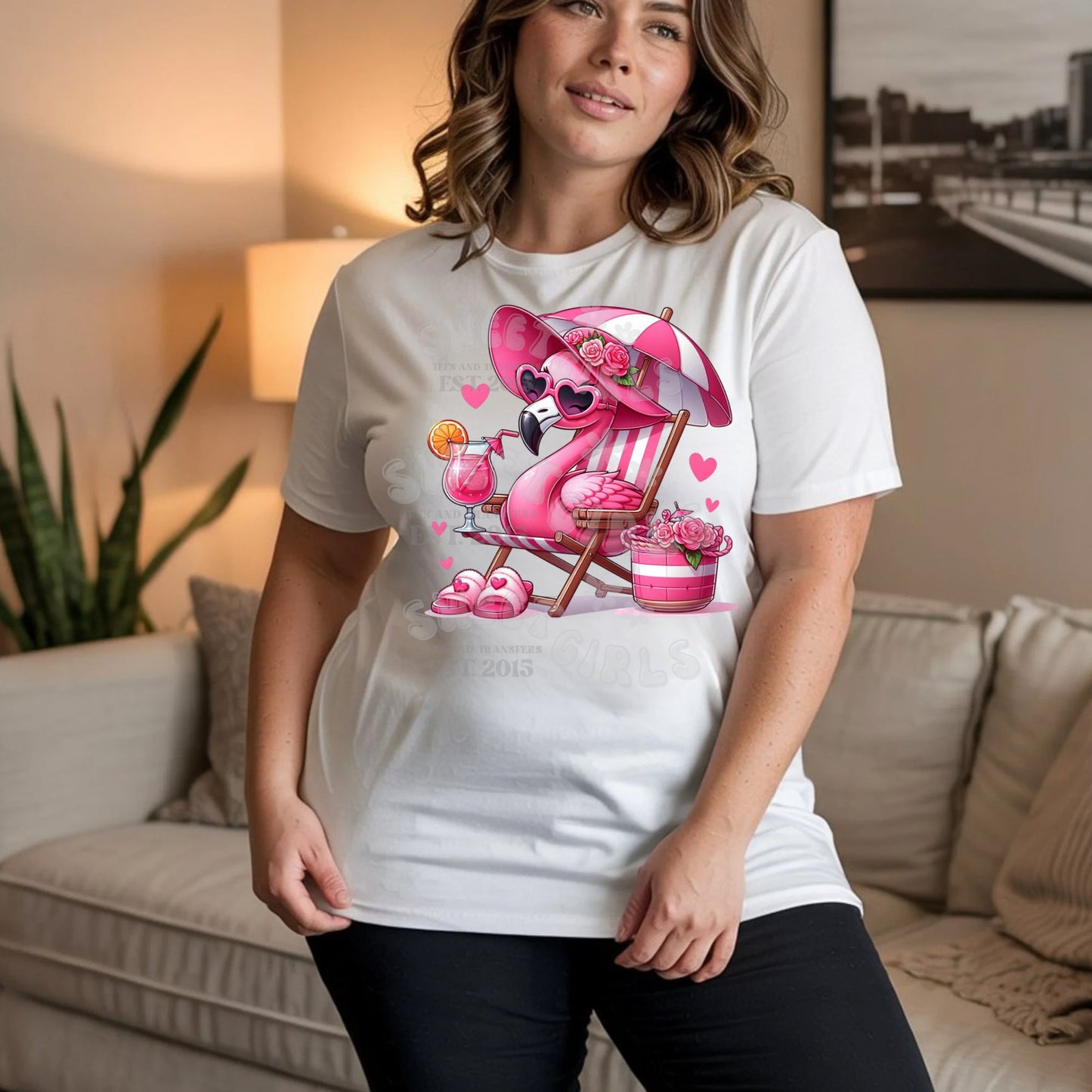 Flamingo Pink Drink Summer Chair DTF Transfer – Coquette Style Pool Day Iron-On – Heat Press for Shirts & Bags – Cold Peel Ready