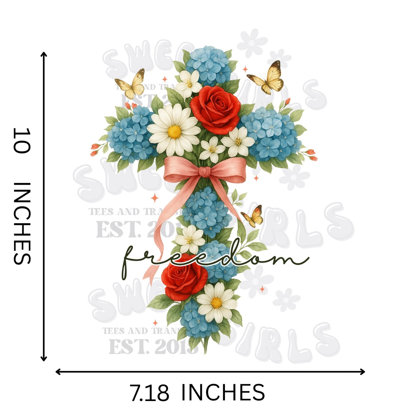 Red White & Blue Floral Cross with Bow & Butterflies Freedom Script DTF Heat Transfer – Christian Iron-On for Tees, Totes & Gifts – Cold Peel Heat Press