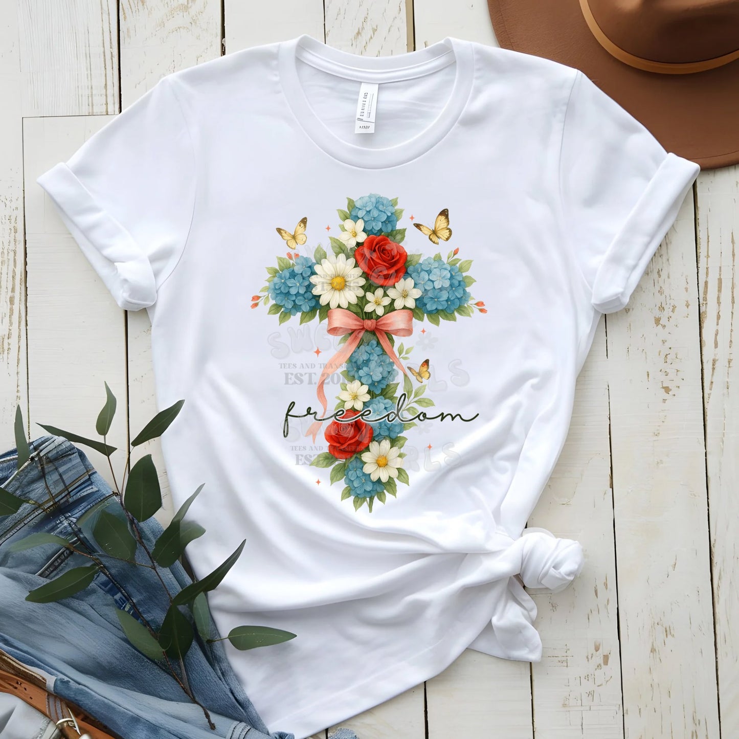 Red White & Blue Floral Cross with Bow & Butterflies Freedom Script DTF Heat Transfer – Christian Iron-On for Tees, Totes & Gifts – Cold Peel Heat Press