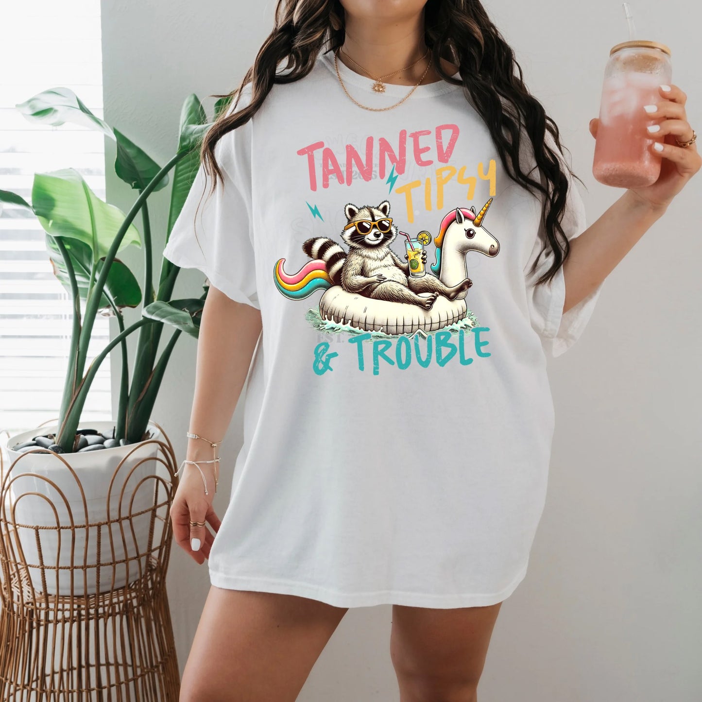 Tanned Tipsy & Trouble Raccoon Unicorn Float DTF Transfer – Summer Drink Funny Pool Float Iron-On – Heat Press Design for Tees & Beach Bags