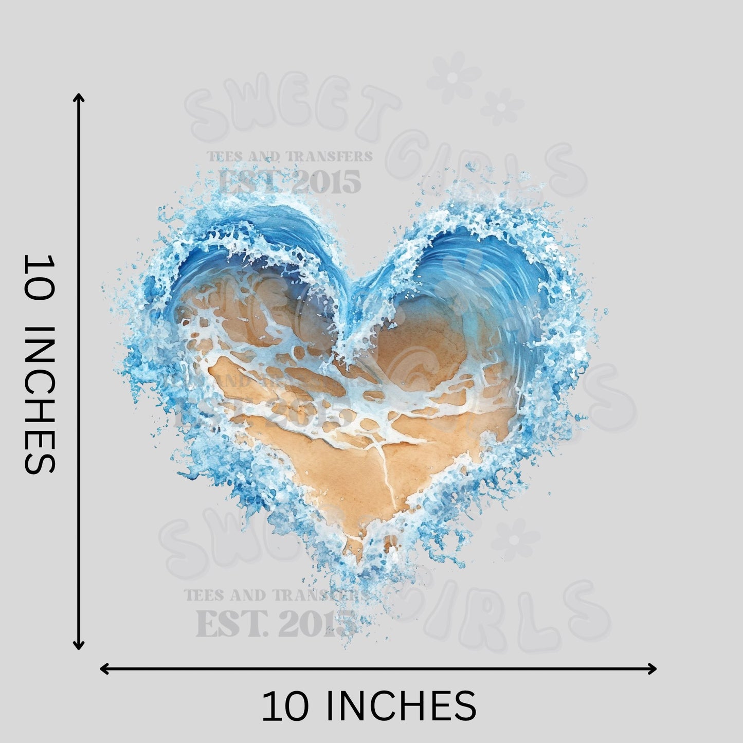 Water Splash Heart Beach Ocean Blue DTF Transfer – Summer Sea Wave Iron-On for T-Shirts & Tote Bags – Heat Press Ready Cold Peel