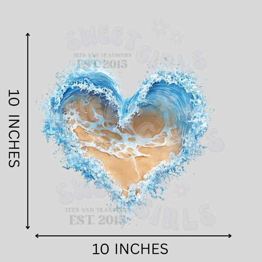 Water Splash Heart Beach Ocean Blue DTF Transfer – Summer Sea Wave Iron-On for T-Shirts & Tote Bags – Heat Press Ready Cold Peel