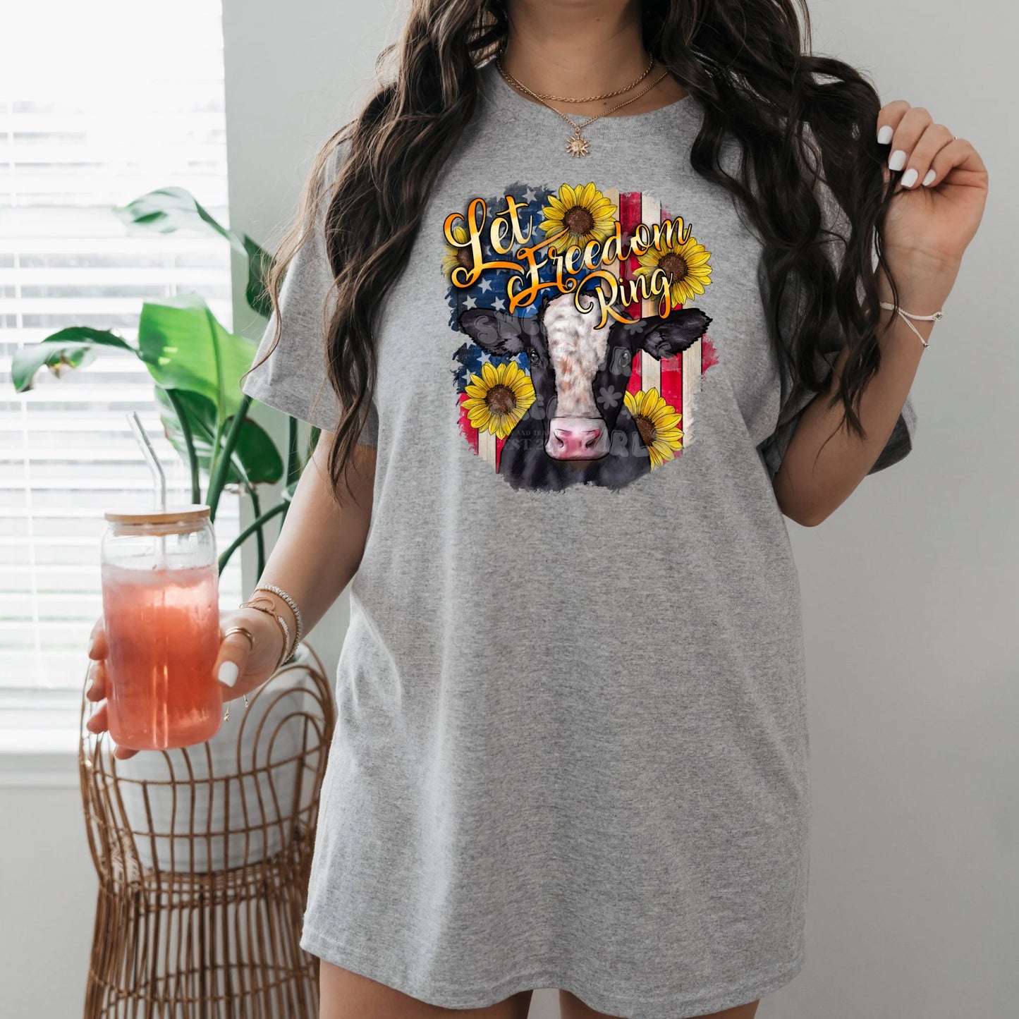 Let Freedom Ring Cow Sunflower Flag DTF Heat Transfer – 4th of July Patriotic USA Cow Iron-On – Cold Peel Design for Shirts & Decor