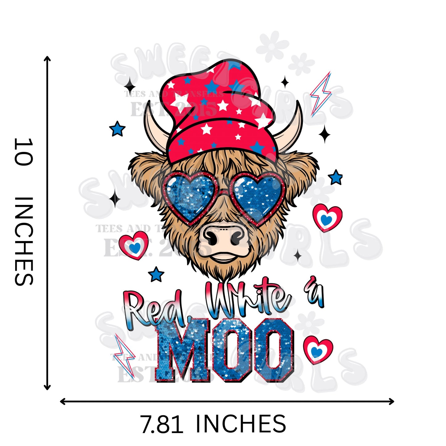 Red White & MOO Highland Cow DTF Heat Transfer – Patriotic Heart Glasses Iron-On 4th of July Print for Tees, Totes, Home Decor – Cold Peel Ready