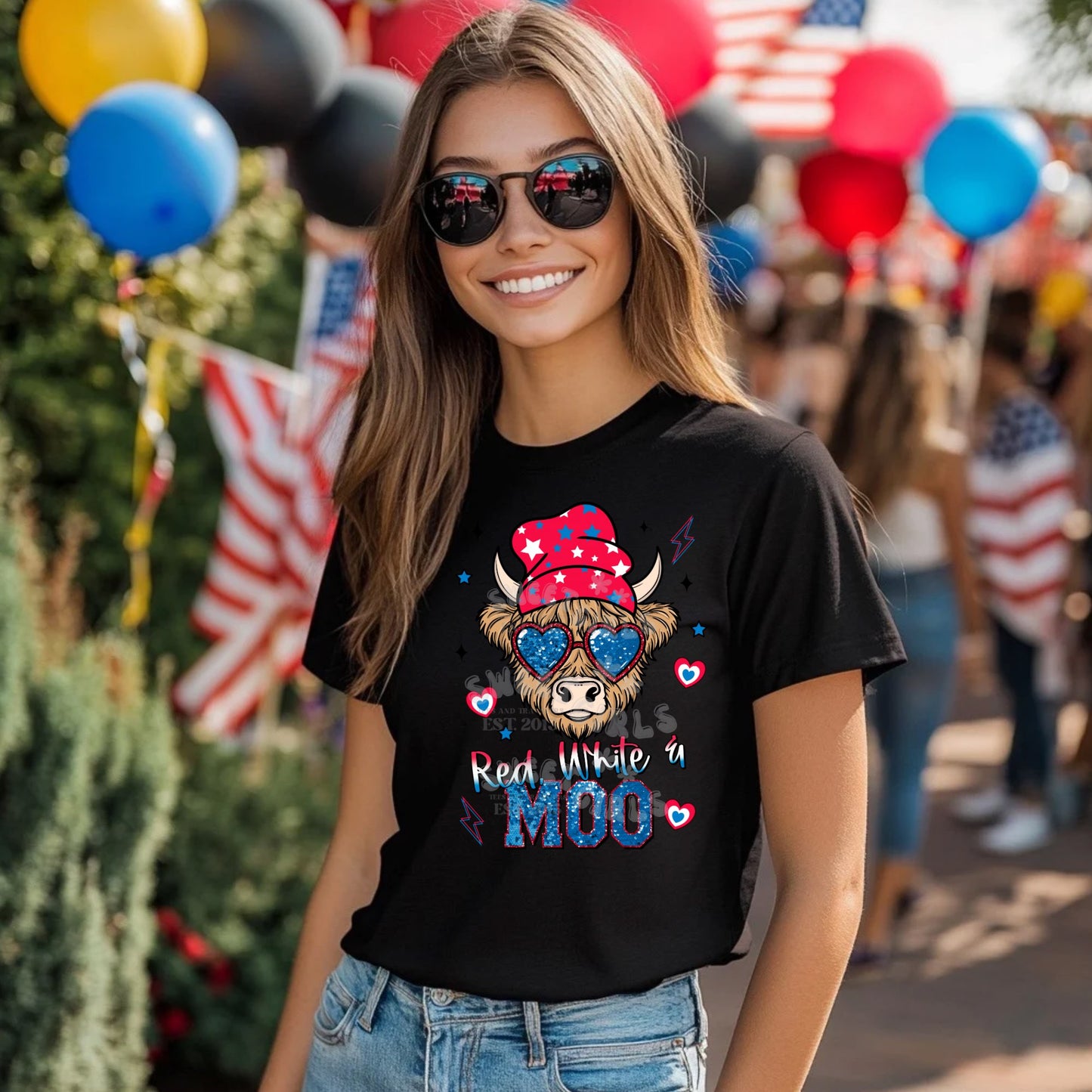 Red White & MOO Highland Cow DTF Heat Transfer – Patriotic Heart Glasses Iron-On 4th of July Print for Tees, Totes, Home Decor – Cold Peel Ready