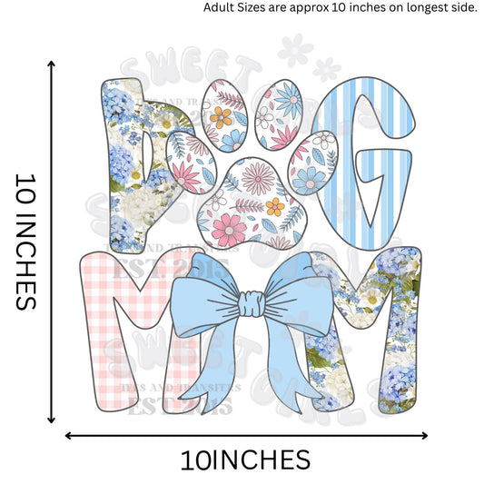 Paw Print Dog Mom Floral Bow DTF Heat Transfer – Iron-On for Shirts, Totes, Fabric – Cold Peel Durable Press – Direct to Film USA Made