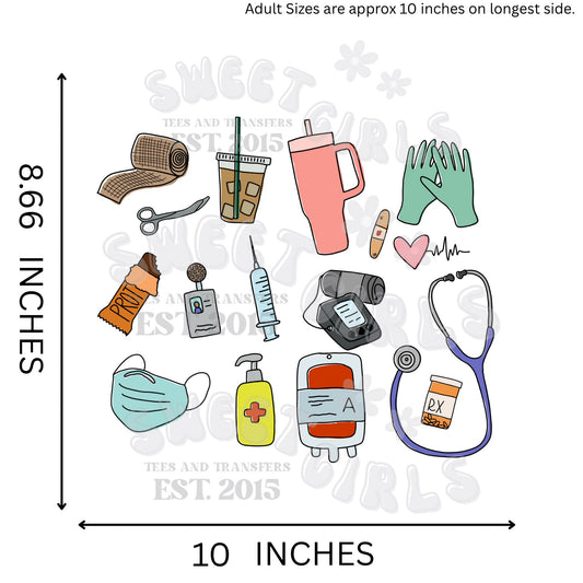 Nurse Essentials DTF Transfer – Medical Themed Ready to Press Iron-On – Cold Peel Heat Transfer for Scrubs, Shirts, Bags, Long-Lasting Durable Stickers