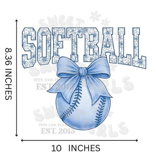 Softball Bow Blue Floral DTF Heat Transfer – Ready to Press Iron-On Softball Print for Shirts, Tumblers, Totes – Cold Peel Direct to Film Transfer for Cricut, Heat Press, and Irons