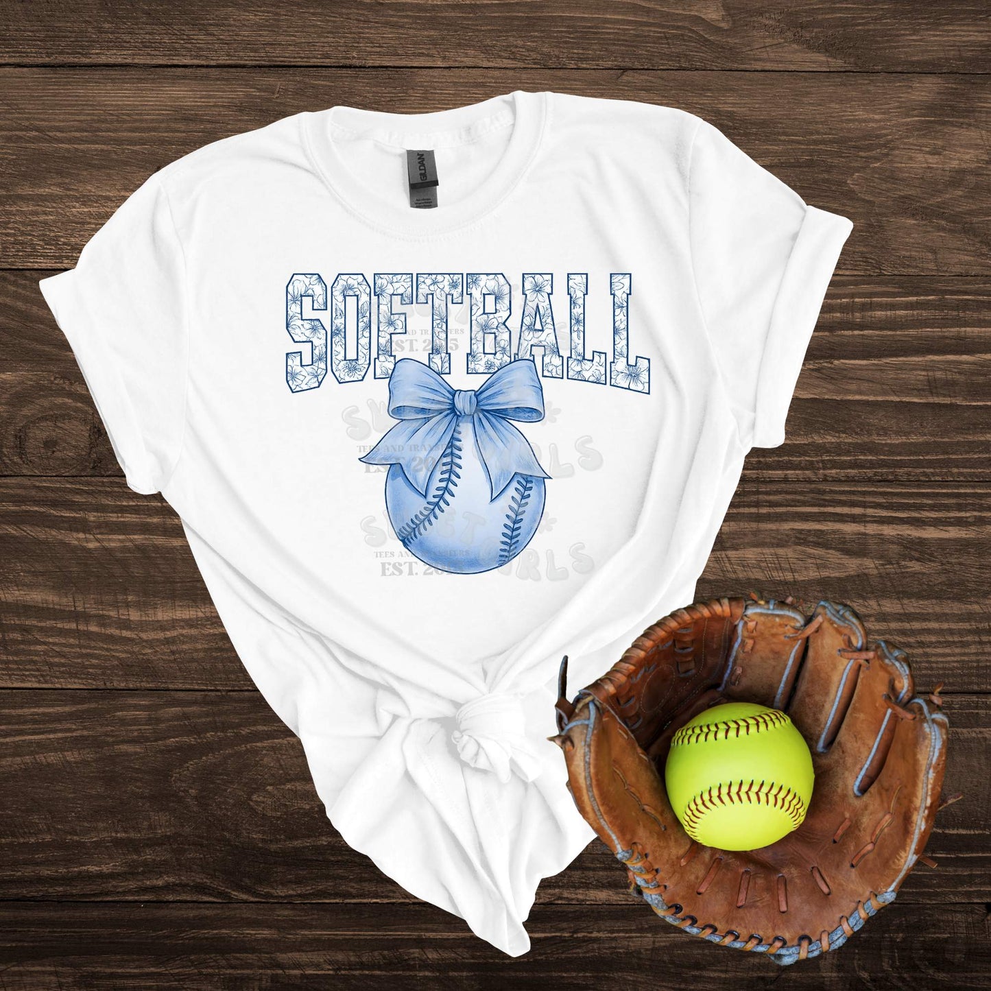 Softball Bow Blue Floral DTF Heat Transfer – Ready to Press Iron-On Softball Print for Shirts, Tumblers, Totes – Cold Peel Direct to Film Transfer for Cricut, Heat Press, and Irons
