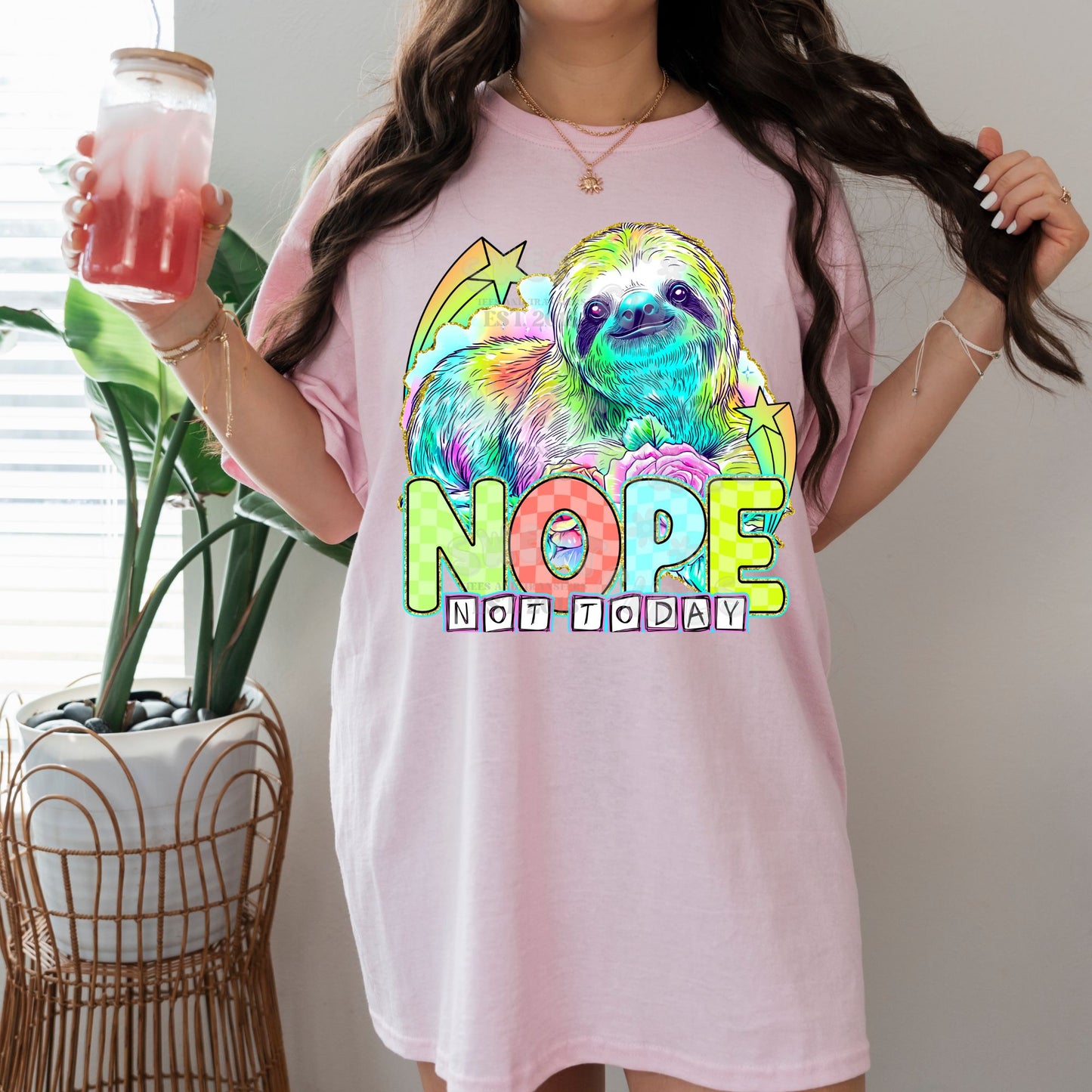 Nope Not Today Sloth Rainbow DTF Transfer – Cute and Lazy Iron-On Ready to Press Heat Transfer for Youth Tees, Bags, & Apparel