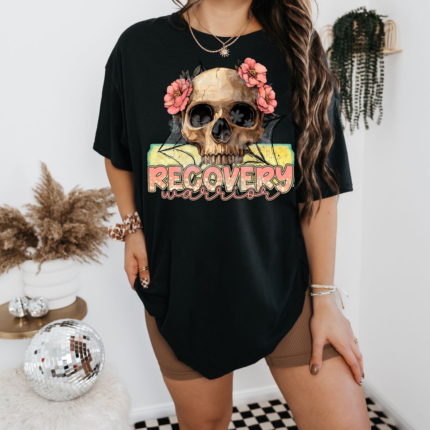 Recovery Warrior Skull Floral DTF Transfer – Ready to Press Iron-On Mental Health Awareness Heat Transfer for Shirts & More