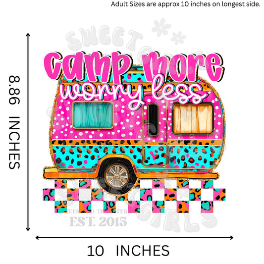 Camp More Worry Less Colorful RV Summer Camping DTF Transfer – Heat Press Ready Iron-On Applique for T-Shirts, Bags, Decor