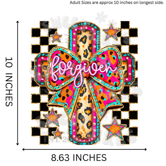 Forgiven Leopard Bow Cross Christian DTF Transfer – Ready to Press Iron-On Applique for Shirts, Bags, and Fabric Decor – Patriotic Summer Heat Transfer