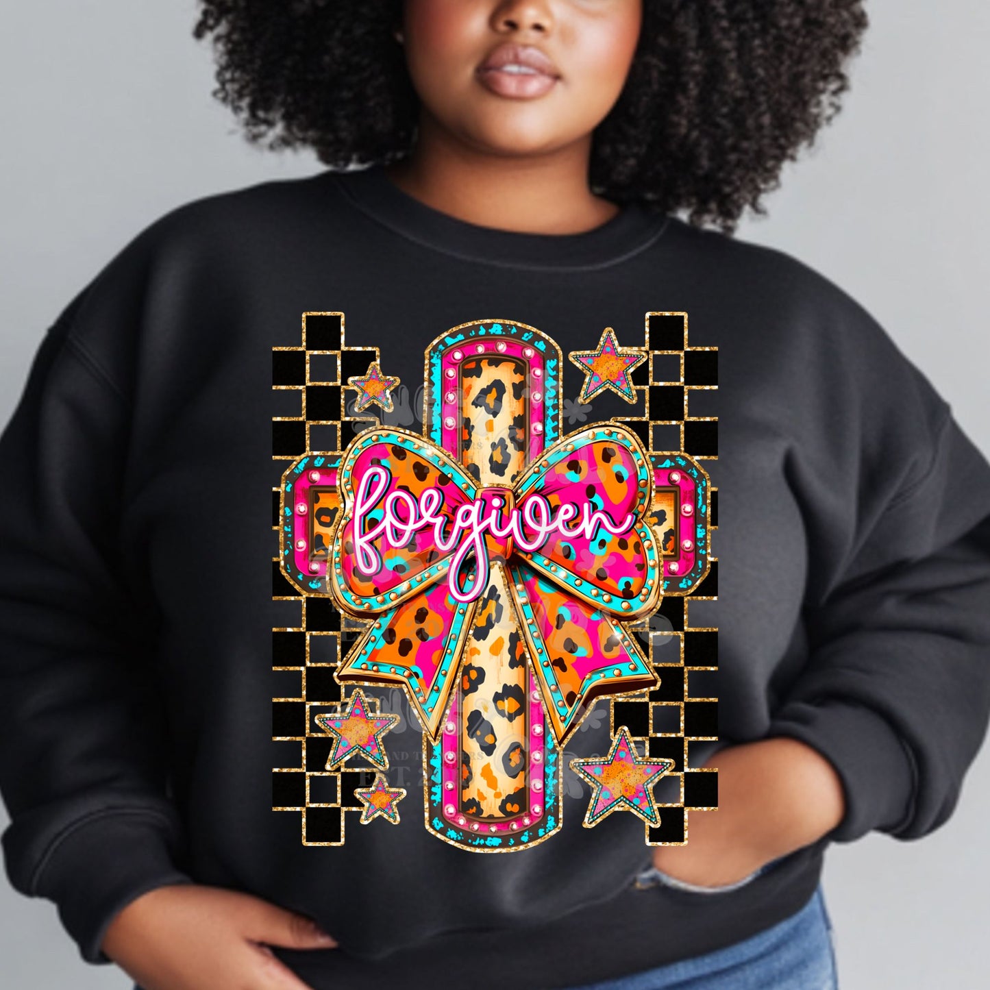 Forgiven Leopard Bow Cross Christian DTF Transfer – Ready to Press Iron-On Applique for Shirts, Bags, and Fabric Decor – Patriotic Summer Heat Transfer