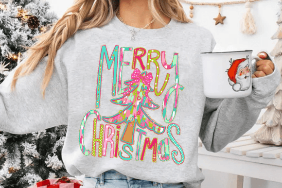 Merry Christmas Pastel Tree Heat Transfer – Pink Bow Holiday DTF Iron-On for DIY Shirts