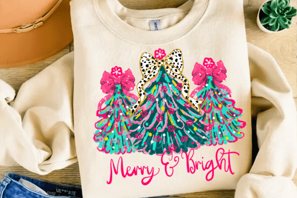 Merry & Bright Leopard Bow Christmas Tree Heat Transfer – Girly Pink DTF Iron-On for Holiday Shirts