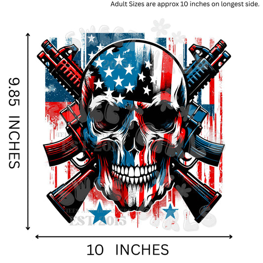 Patriotic Skull DTF Transfer – Red White & Blue Skull Print – Direct to Film Heat Transfer for T-Shirts, Cold Peel, Long Lasting Iron-On Design