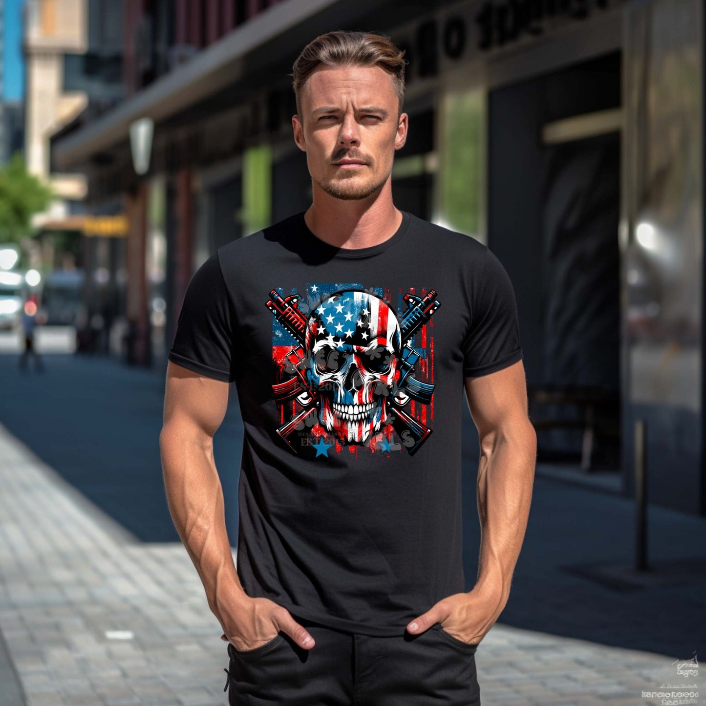 Patriotic Skull DTF Transfer – Red White & Blue Skull Print – Direct to Film Heat Transfer for T-Shirts, Cold Peel, Long Lasting Iron-On Design