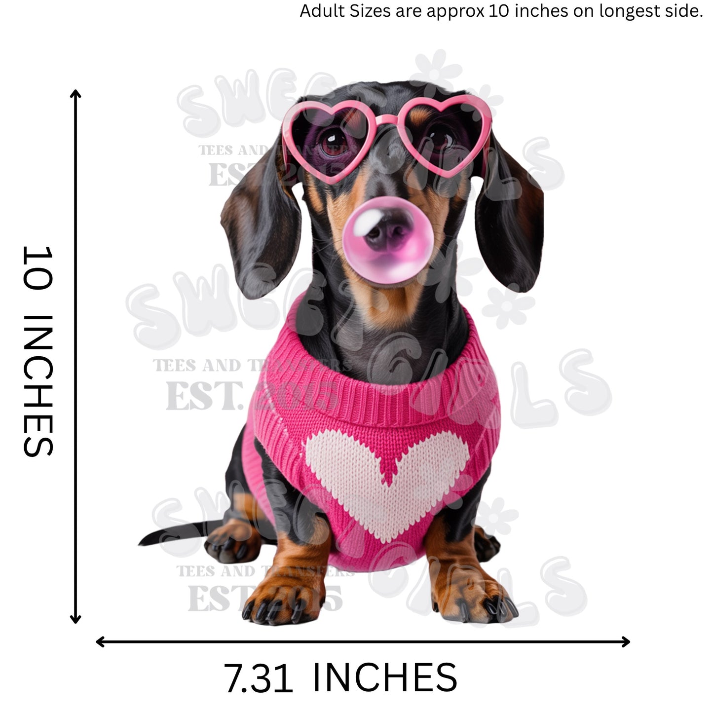 Bubble Gum Dachshund in Pink Sweater DTF Transfer – Cute Valentine Dog Print – Direct to Film Iron-On Transfer for Shirts, Bags & More