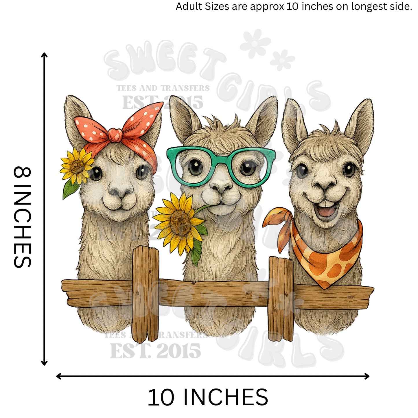Ready to Press Trio Llamas with Sunflowers DTF Transfer – Cute Farm Animal Direct to Film Heat Transfer for Shirts, Totes & More – Iron-On DTF for Summer, Country Style & Animal Lovers