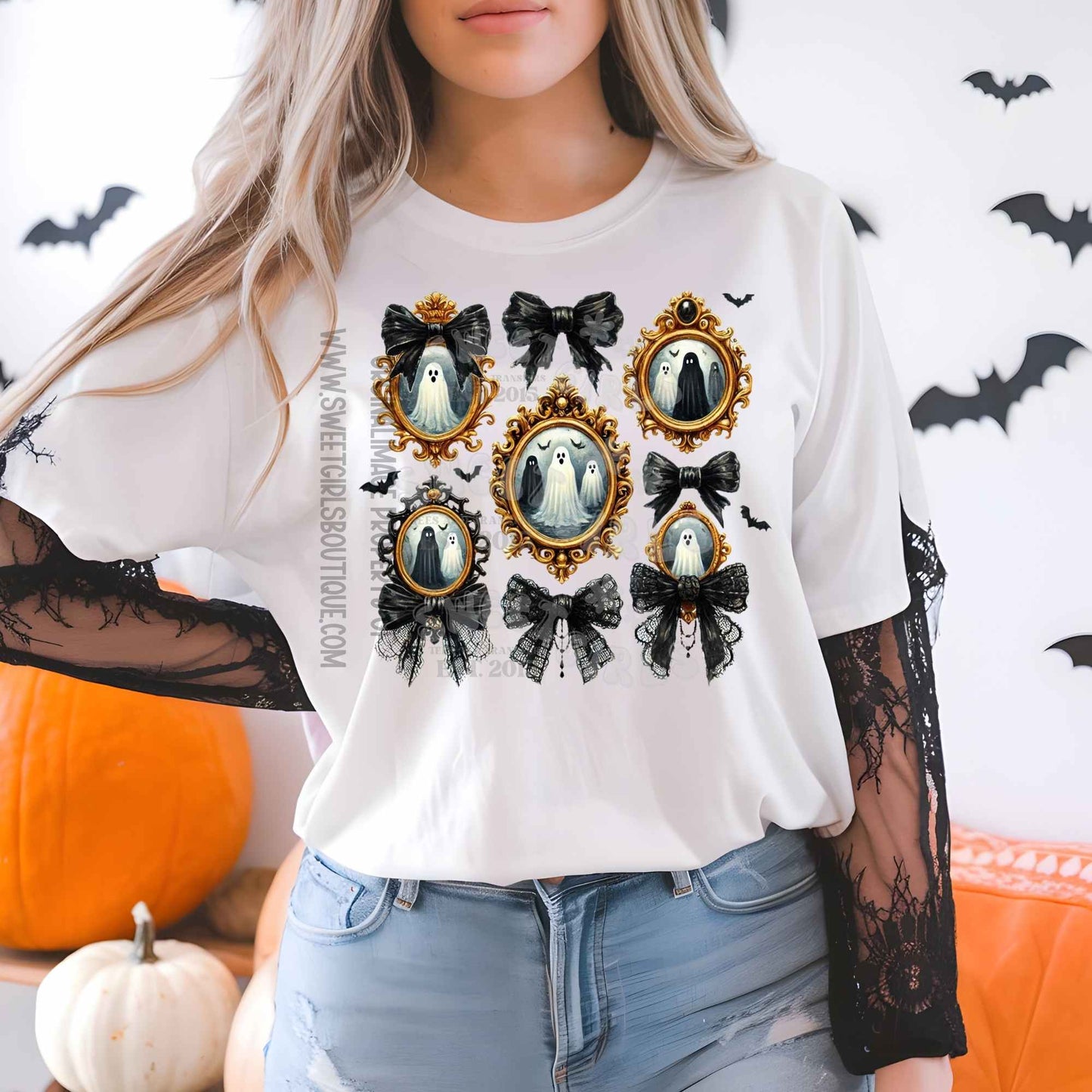 Vintage Ghost Cameo Halloween Heat Transfer – Retro Ghost Frames with Bows – Spooky Cute DTF Ready to Press Iron-On