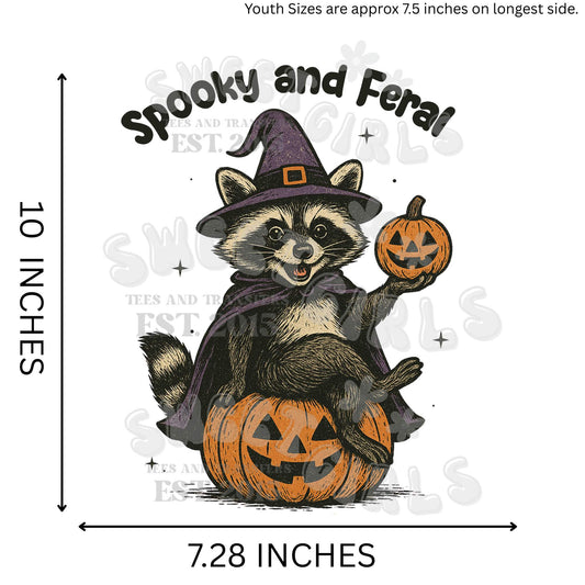 Spooky and Feral Halloween Raccoon HEAT TRANSFER – DTF Iron-On Transfer with Pumpkin and Witch Hat – Cute & Creepy for Fall Apparel and Trick-or-Treat Bags