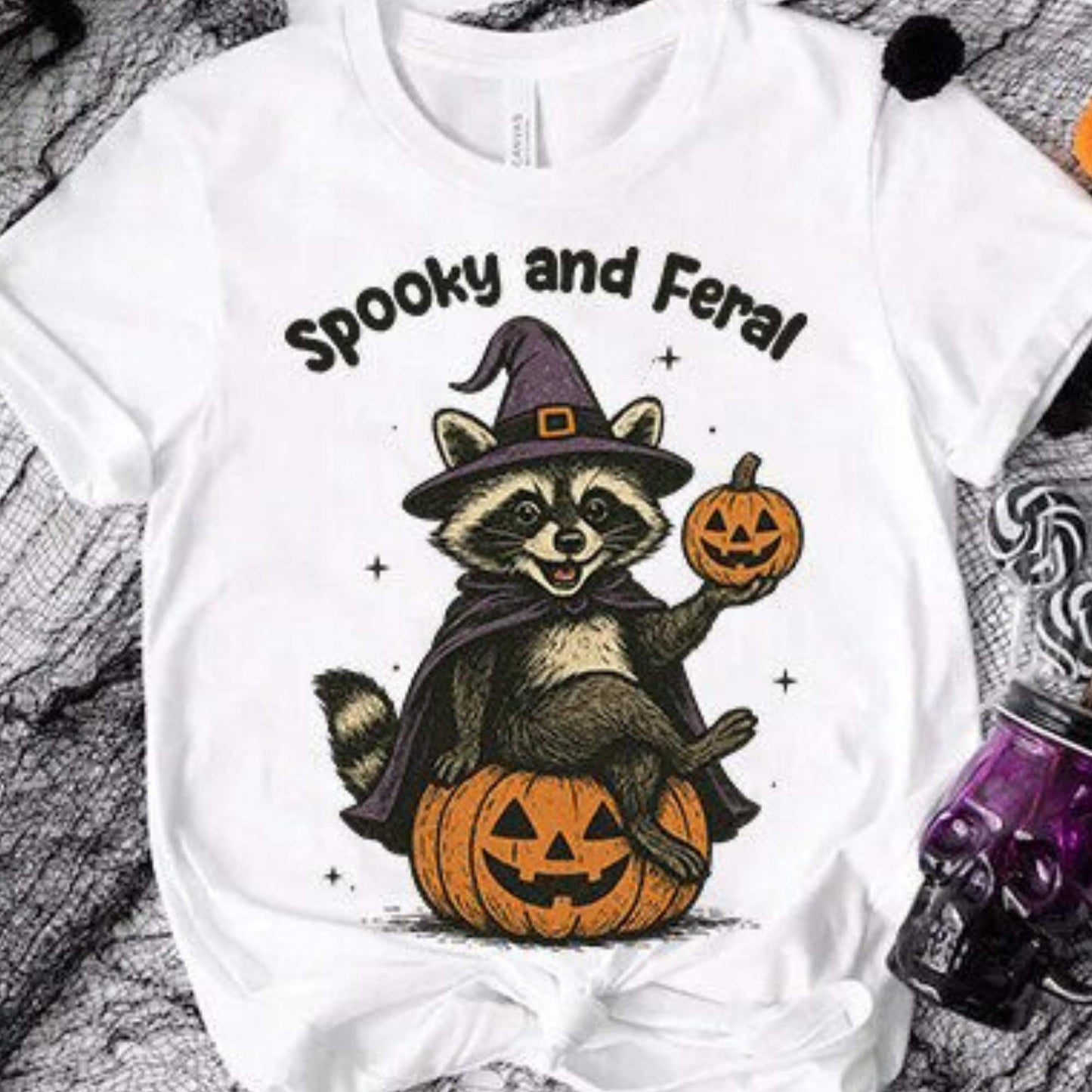 Spooky and Feral Halloween Raccoon HEAT TRANSFER – DTF Iron-On Transfer with Pumpkin and Witch Hat – Cute & Creepy for Fall Apparel and Trick-or-Treat Bags