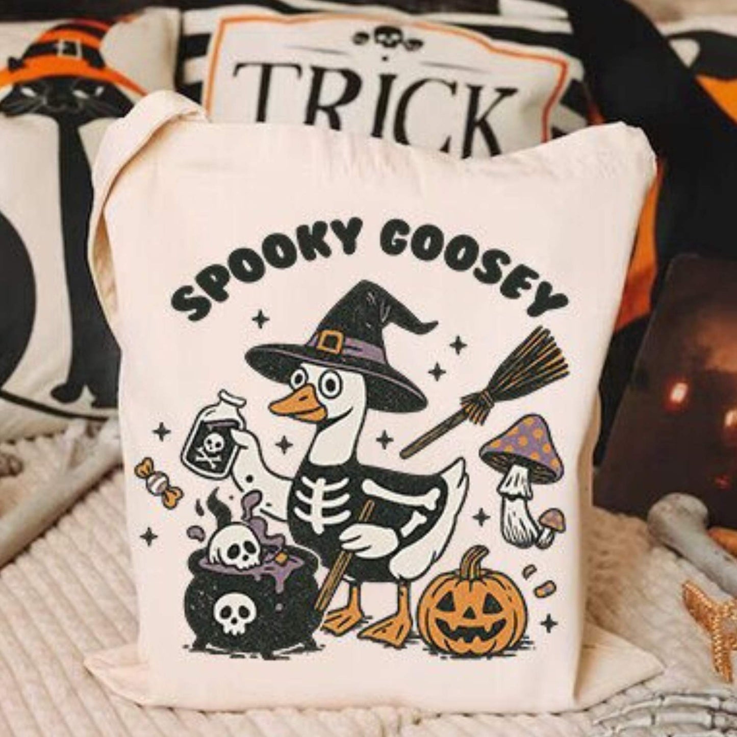 Spooky Goosey Skeleton Duck HEAT TRANSFER – Halloween DTF Iron-On Transfer with Witch Hat, Potion Cauldron, and Pumpkin – Cold Peel, Durable for Shirts and Bags