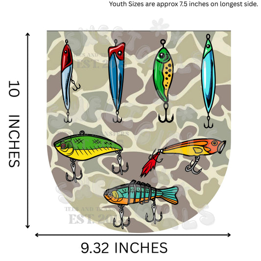 Fishing Lures on Camo Pocket HEAT TRANSFER – Realistic DTF Iron-On Transfer for Outdoor Apparel, Father’s Day Gifts, and Fishing Tees – Cold Peel and Washable
