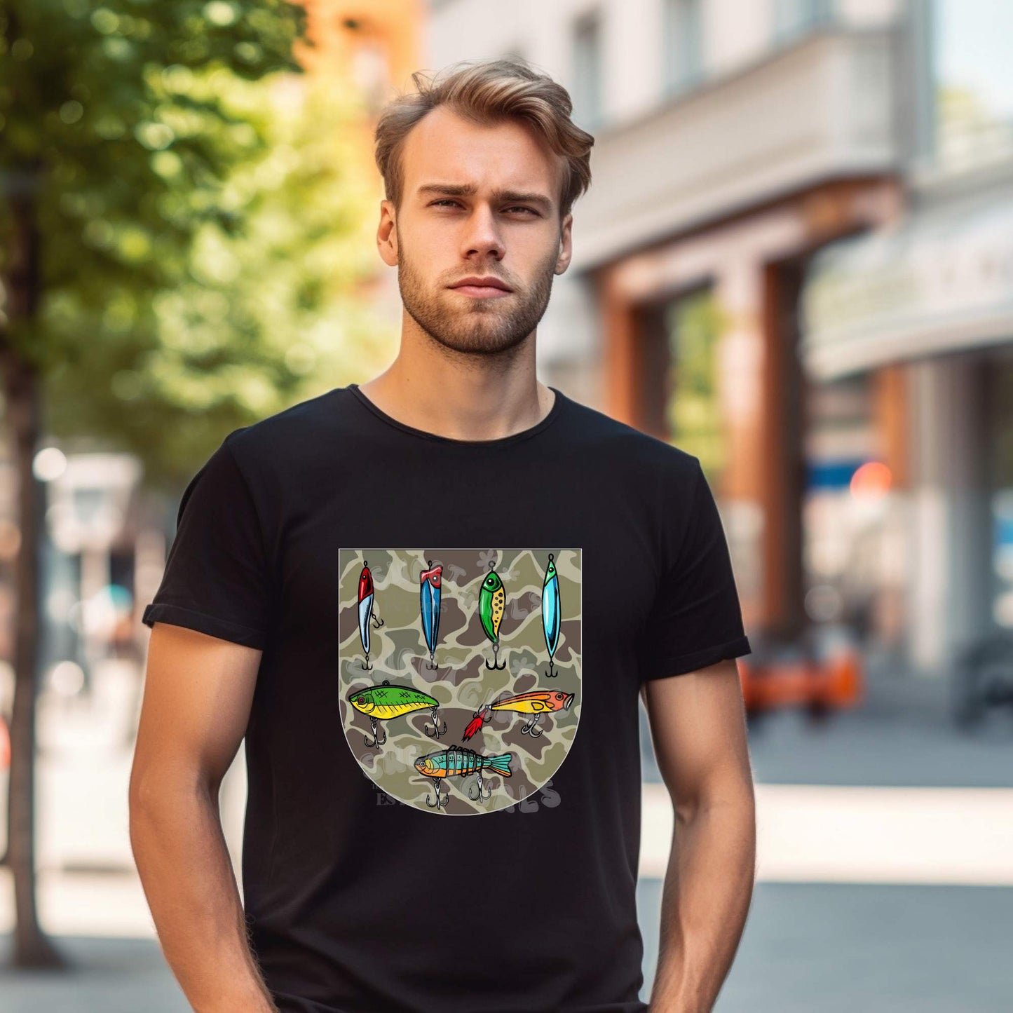 Fishing Lures on Camo Pocket HEAT TRANSFER – Realistic DTF Iron-On Transfer for Outdoor Apparel, Father’s Day Gifts, and Fishing Tees – Cold Peel and Washable