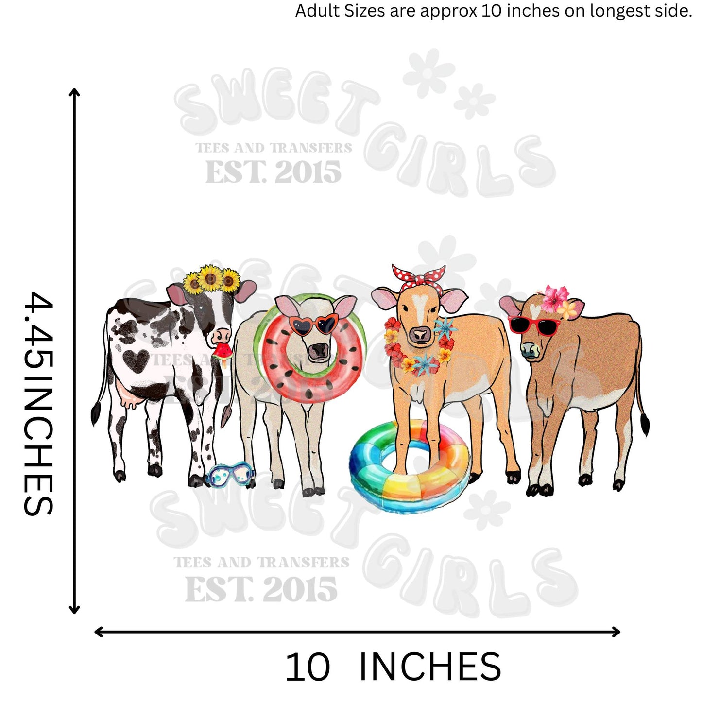 Summer Cows with Floaties and Sunglasses HEAT TRANSFER – Cute DTF Iron-On Design for Farm Girl Tees, Summer Fun Apparel, and Poolside Vibes – Bright, Durable, Cold Peel