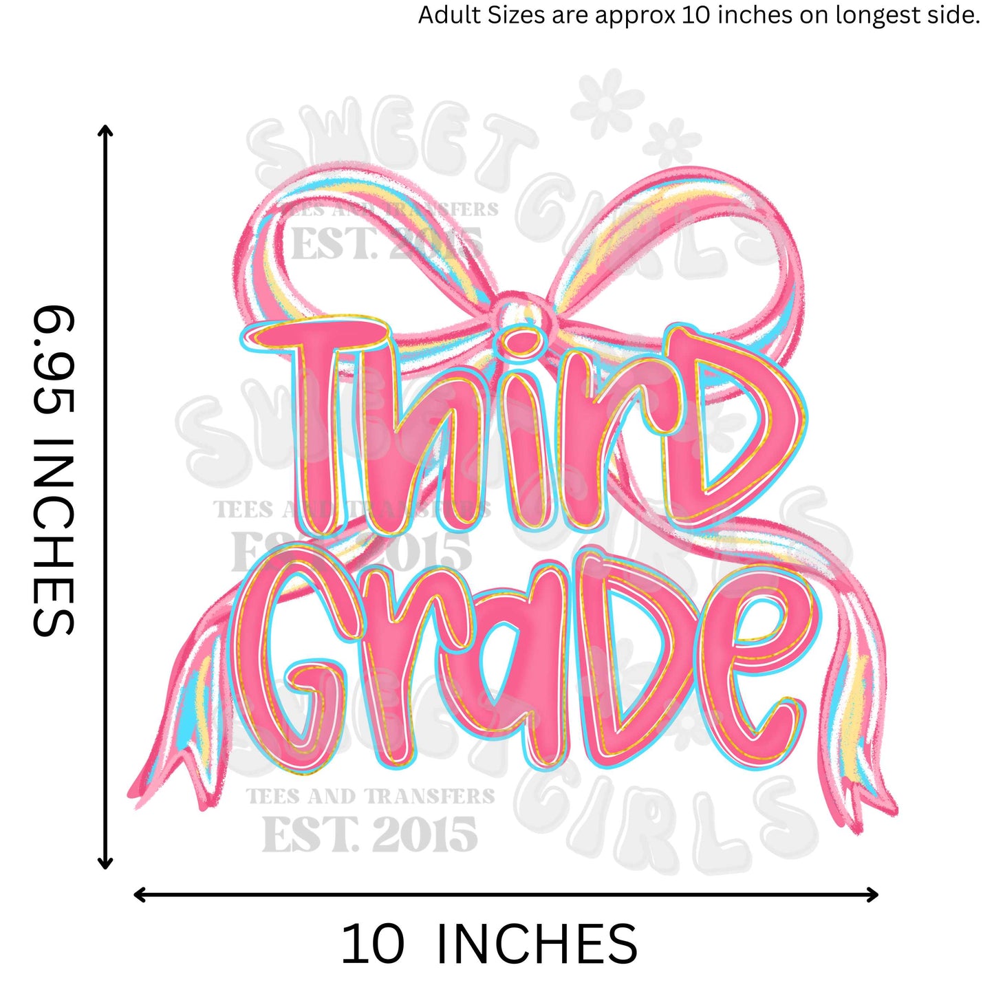 Pastel Coquette Bow Grade Level DTF Transfer – Ready to Press Pink Rainbow Ribbon Iron-On for Teachers – PreK to 4th Grade Direct to Film Transfers for Back to School Shirts, Bags, and Accessories