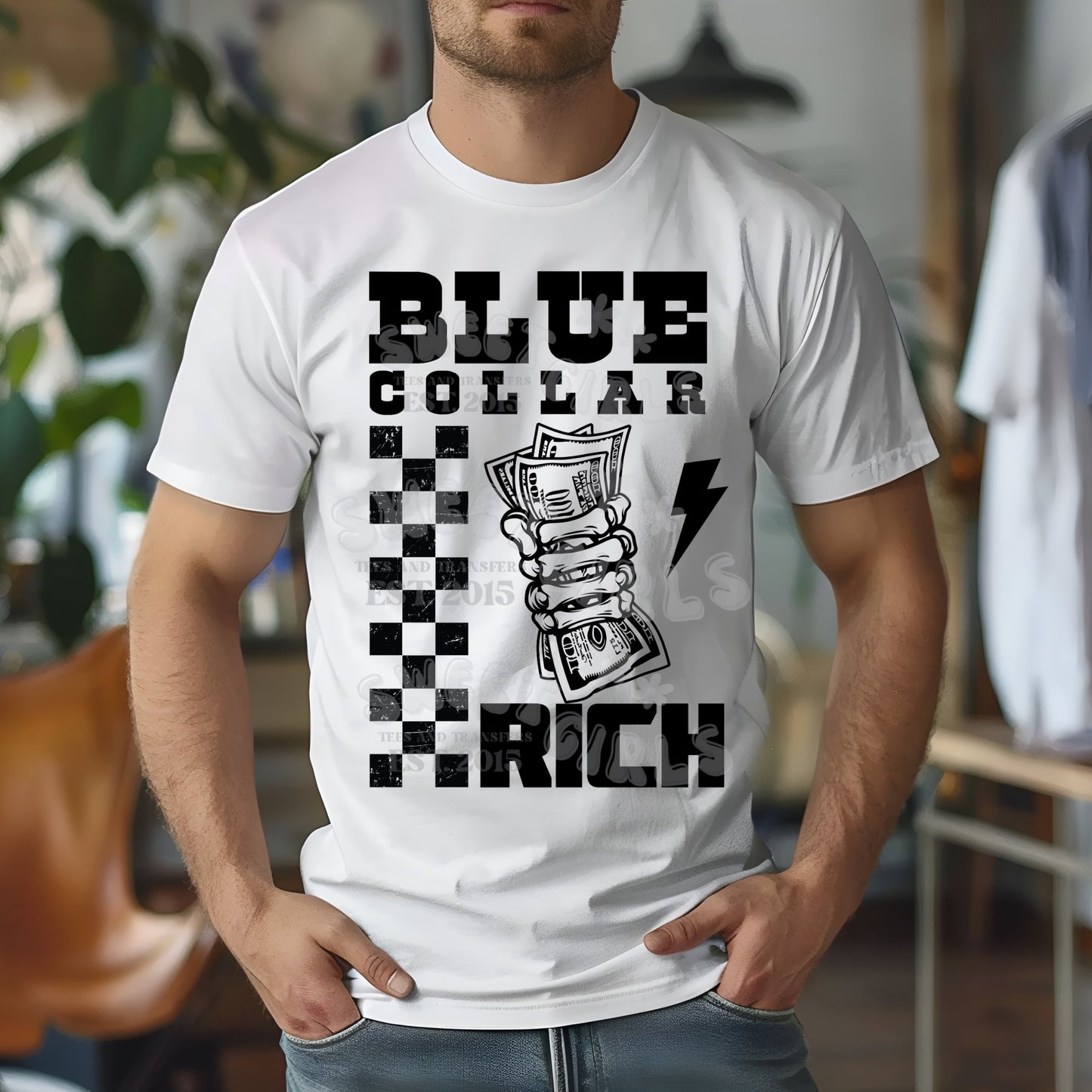 Blue Collar Rich DTF Transfer – Money Grip Graphic Iron-On – Ready to Press Heat Transfer for Hardworking Hustlers & Everyday Hustle Tees