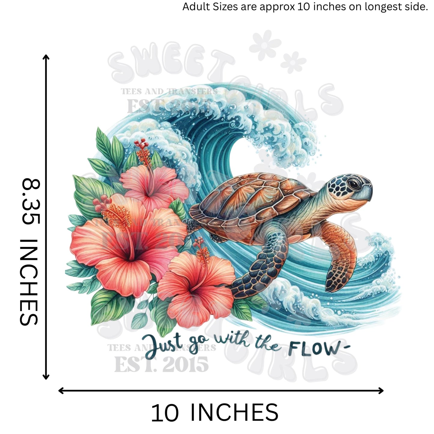 Just Go With the Flow Turtle Ocean Wave Floral DTF Transfer – Beachy Sea Life HEAT TRANSFER for Shirts and More – Ready to Press Iron-On DIY Decal for Heat Press or Iron