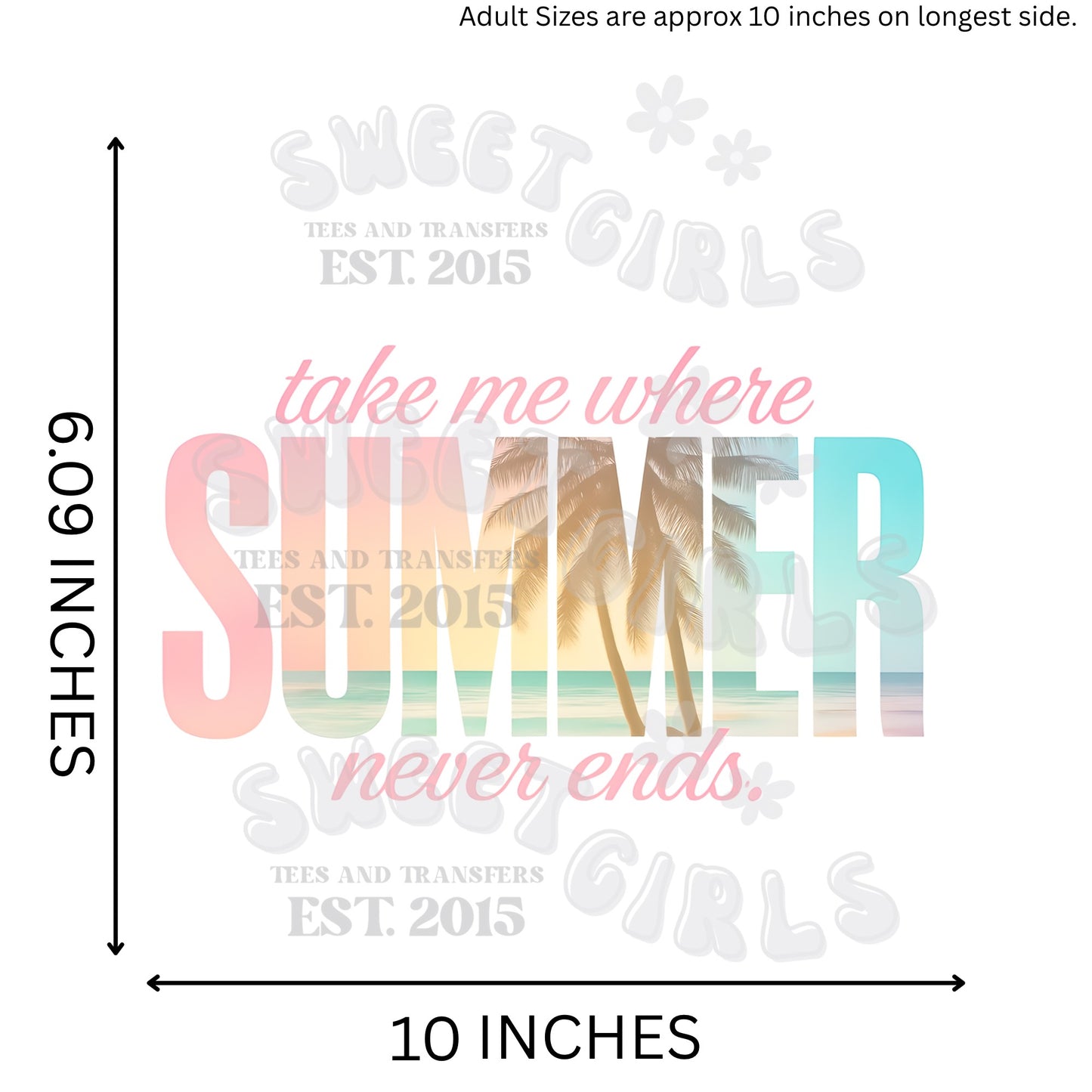Take Me Where Summer Never Ends Sunset Beach DTF Transfer – Iron-On Tropical Palms HEAT TRANSFER for T-Shirts, Totes, and More – Ready to Press DIY Summer Decal for Heat Press or Iron
