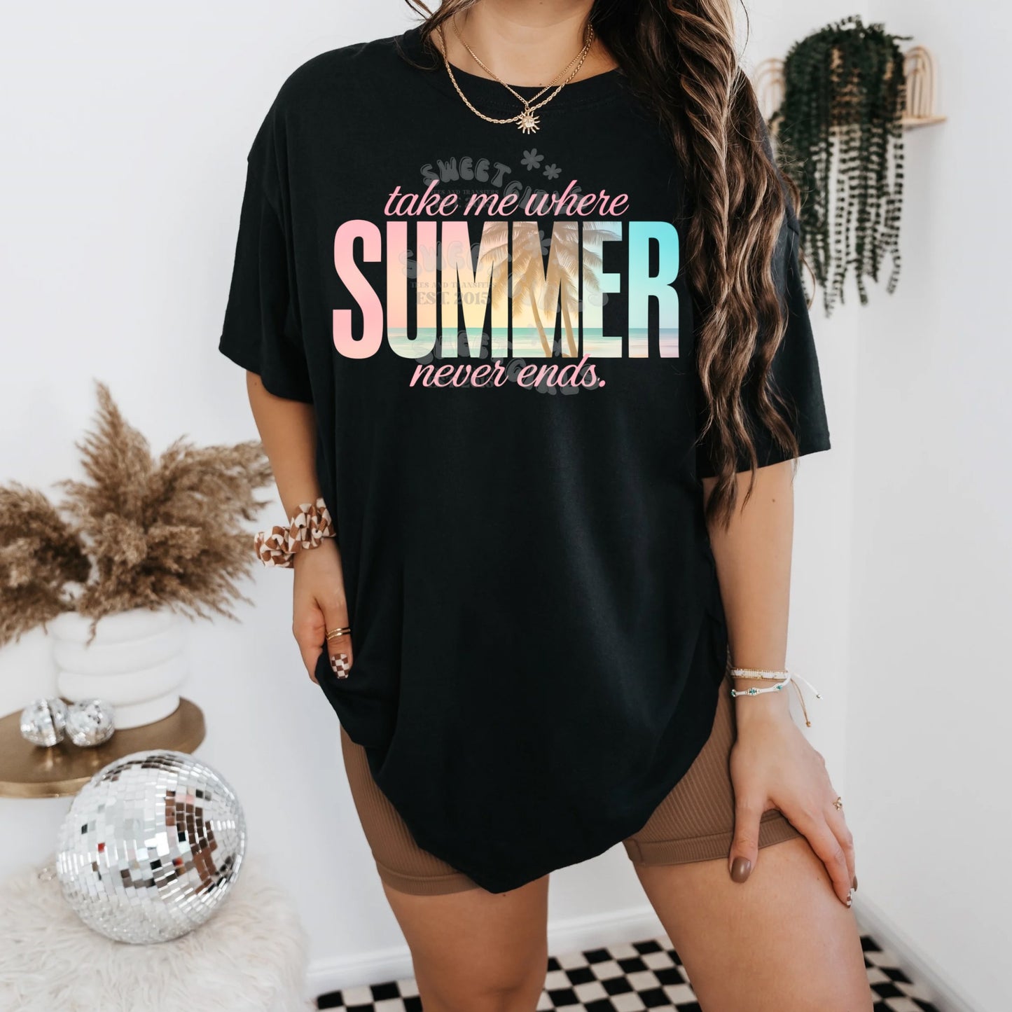 Take Me Where Summer Never Ends Sunset Beach DTF Transfer – Iron-On Tropical Palms HEAT TRANSFER for T-Shirts, Totes, and More – Ready to Press DIY Summer Decal for Heat Press or Iron