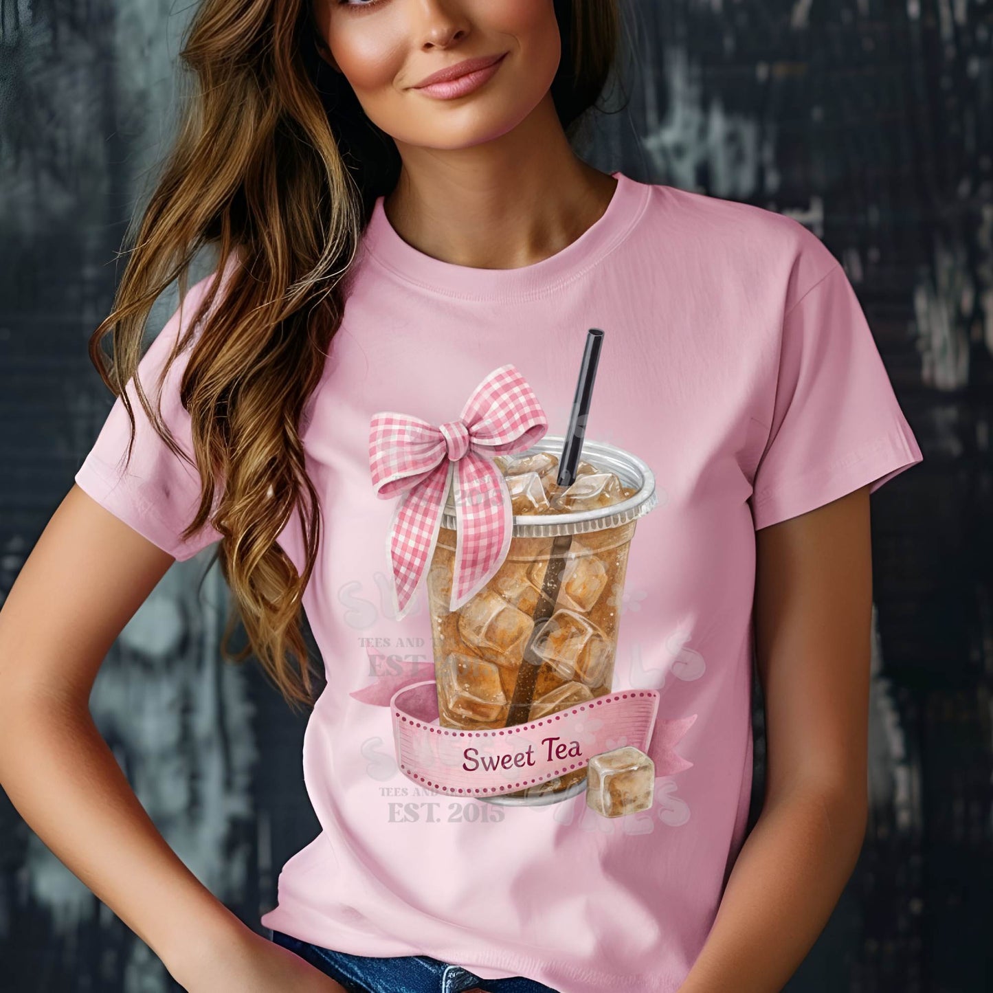 Sweet Tea Pink Bow Cup DTF HEAT TRANSFER – Southern Style Gingham Charm Direct to Film for Shirts, Tumblers & Tote Bags – Cold Peel Iron-On Transfer for Summer Fashion