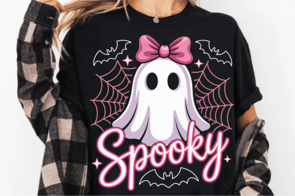 Spooky Ghost with Bow DTF heat transfer — cute pastel Halloween ghost, girly spooky season design, kawaii pink bow graphic for tees & sweatshirts, fast ship printable transfer for cotton & blends — boo themed craft supply