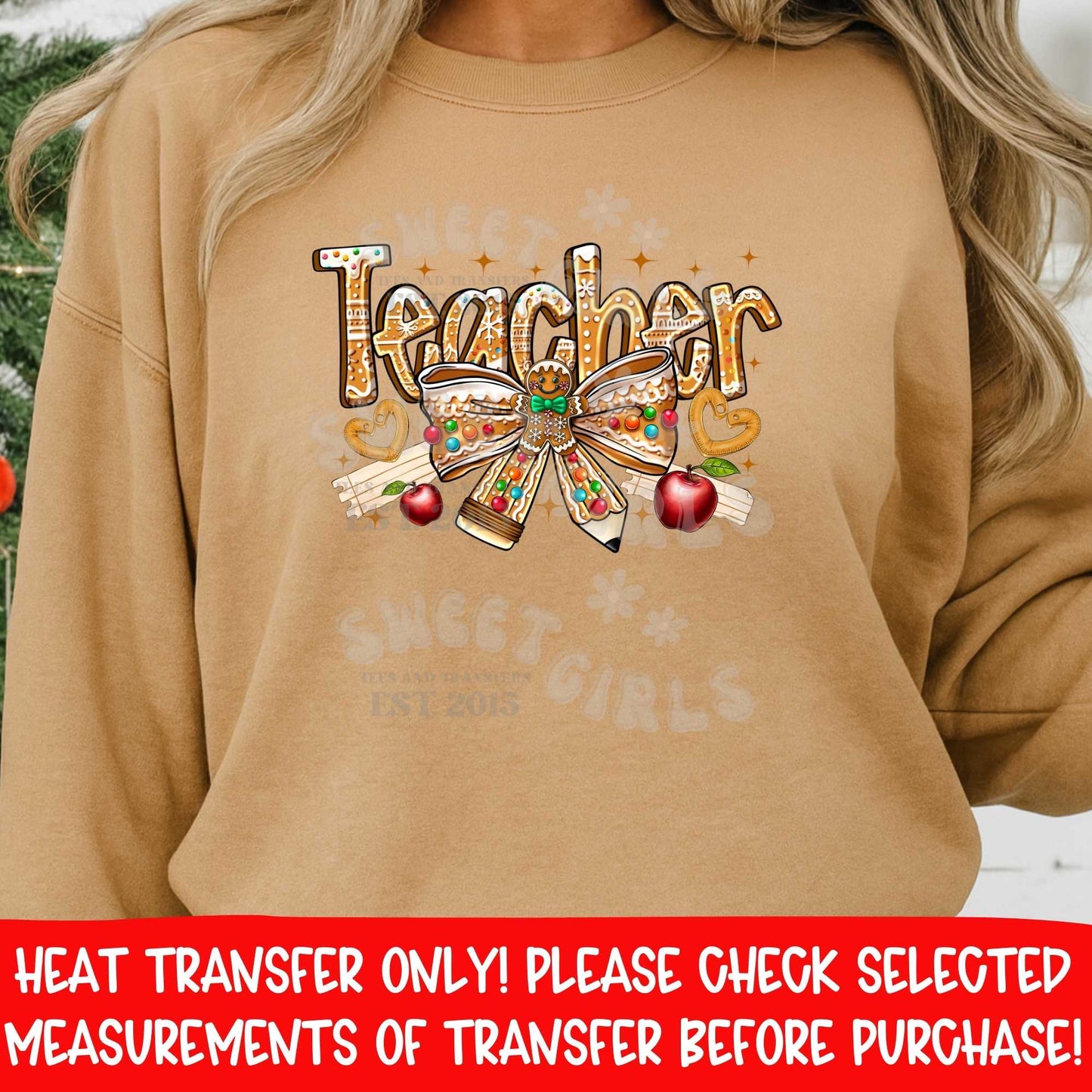 Teacher Gingerbread Christmas Heat Transfer | Holiday Cookie Bow Apple Classroom DTF Ready To Press Iron On Applique
