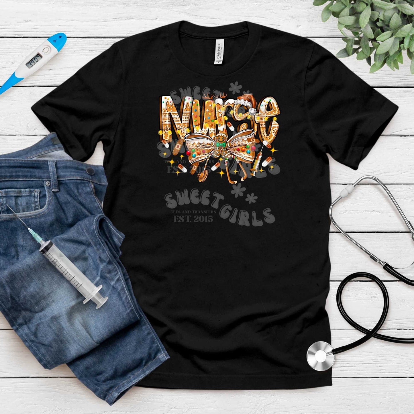 Nurse Gingerbread Christmas Heat Transfer | Holiday Nurse Cookie Bow Medical DTF Ready To Press Iron On Applique