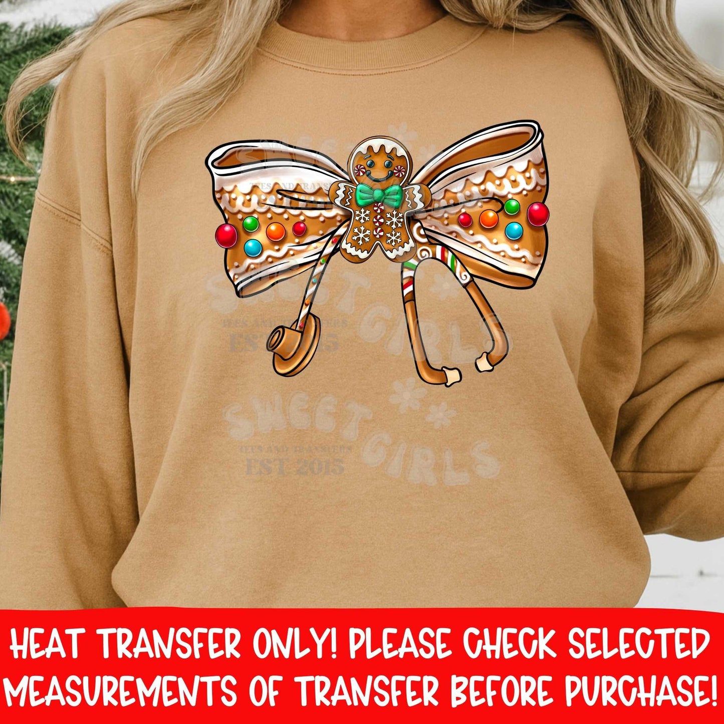 Gingerbread Stethoscope Bow Christmas Heat Transfer | Holiday Nurse Cookie Medical Bow DTF Ready To Press Cold Peel Iron On Applique