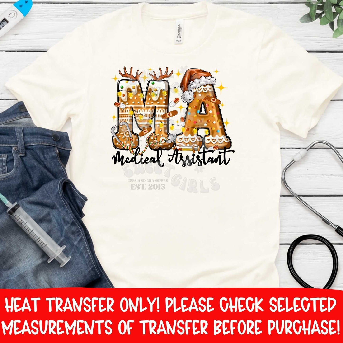 MA Gingerbread Christmas Heat Transfer | Medical Assistant Holiday Cookie Nurse DTF Ready To Press Iron On Applique